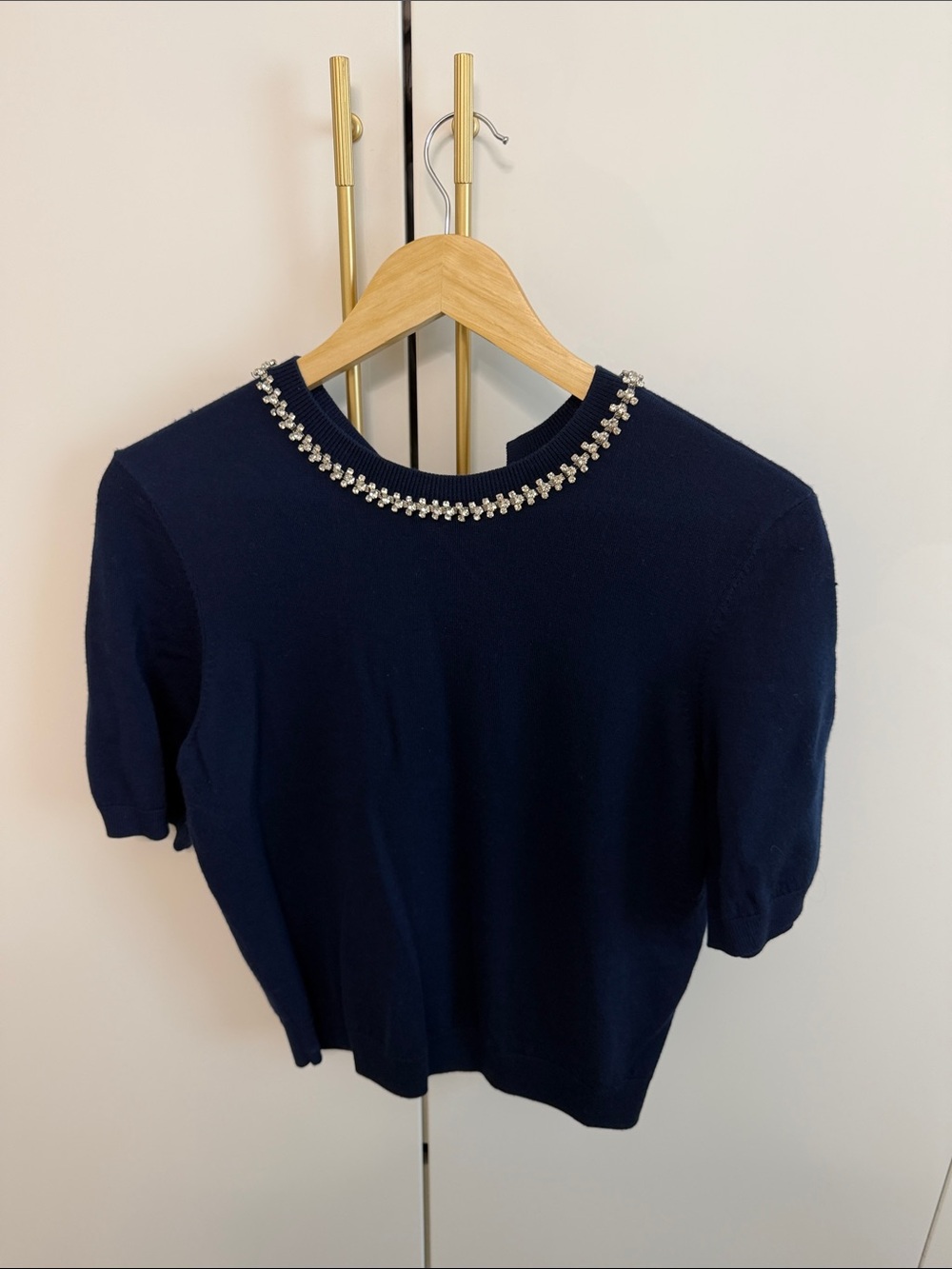 Maje Navy Short Sleeve Sweater with Jewel-Embellished Neckline